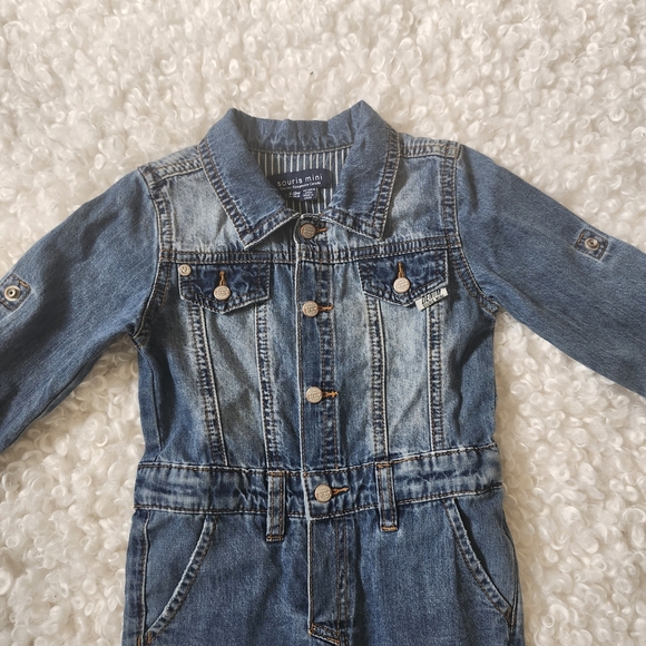 Souris Mini Denim Baby Jumpsuit 6-9M Blue Jean Overalls Romper with Dog Patch - Picture 5 of 12